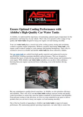 Ensure Optimal Cooling Performance with Alshiba's High-Quality Car Water Tanks