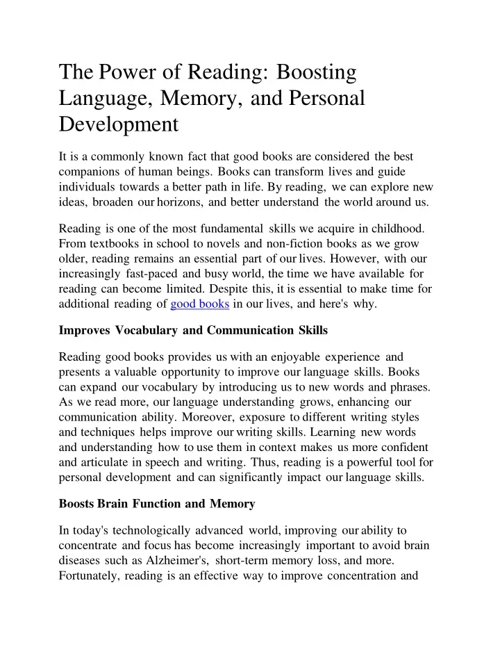 the power of reading boosting language memory and personal development