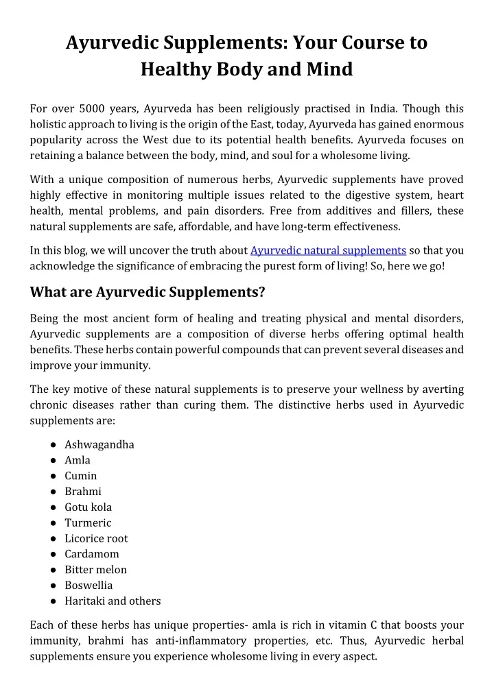 ayurvedic supplements your course to healthy body