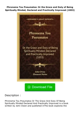 [PDF]❤READ⚡ Phronema Tou Pneumatos: Or the Grace and Duty of Being Spiritually