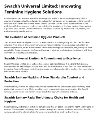 Swachh Universal Limited Innovating Feminine Hygiene Solutions