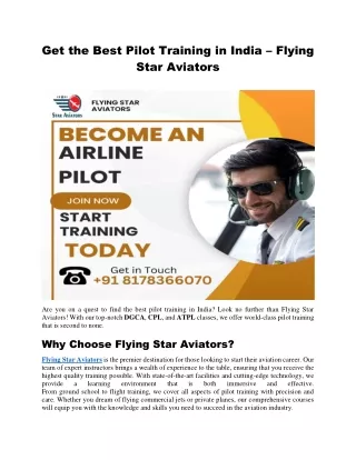Get the Best Pilot Training in India – Flying Star Aviators
