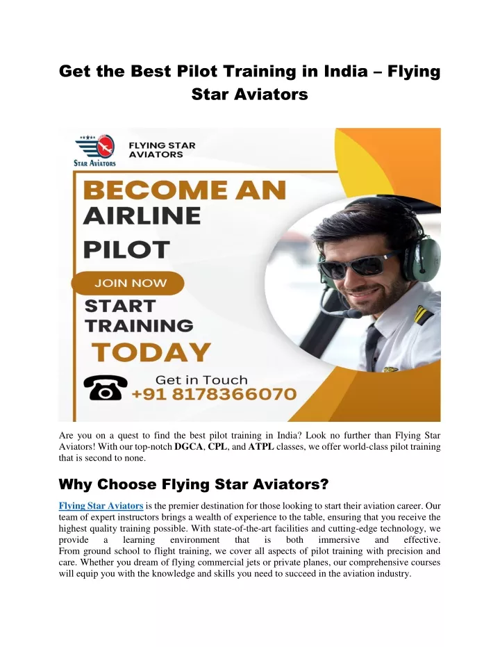 get the best pilot training in india flying star