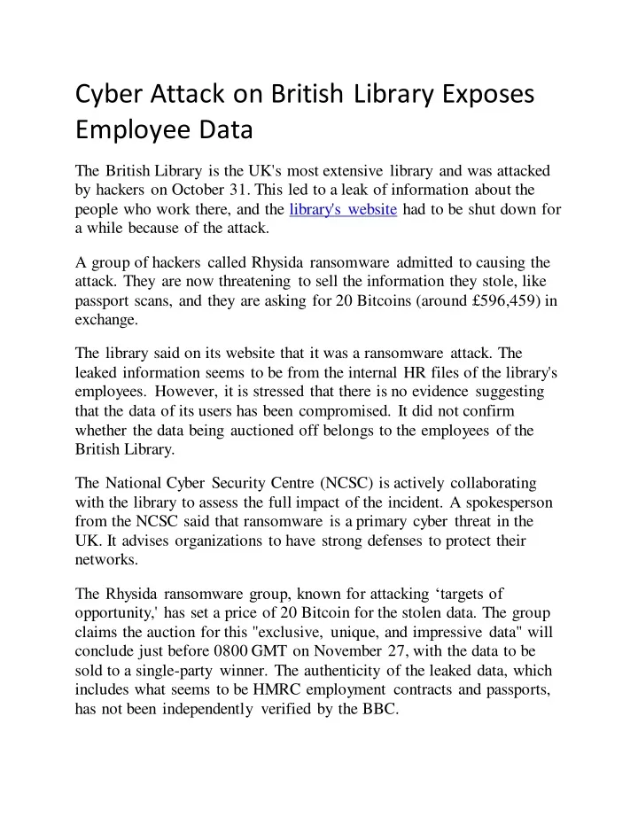 cyber attack on british library exposes employee