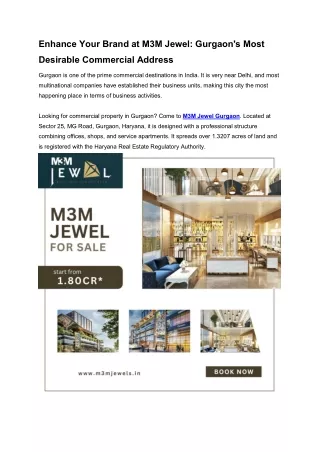 Enhance Your Brand at M3M Jewel Gurgaon's Most Desirable Commercial Address