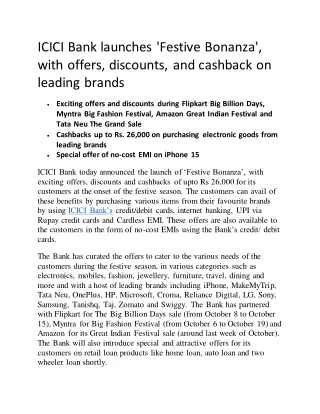 ICICI Bank launches 'Festive Bonanza', with offers, discounts, and cashback on l