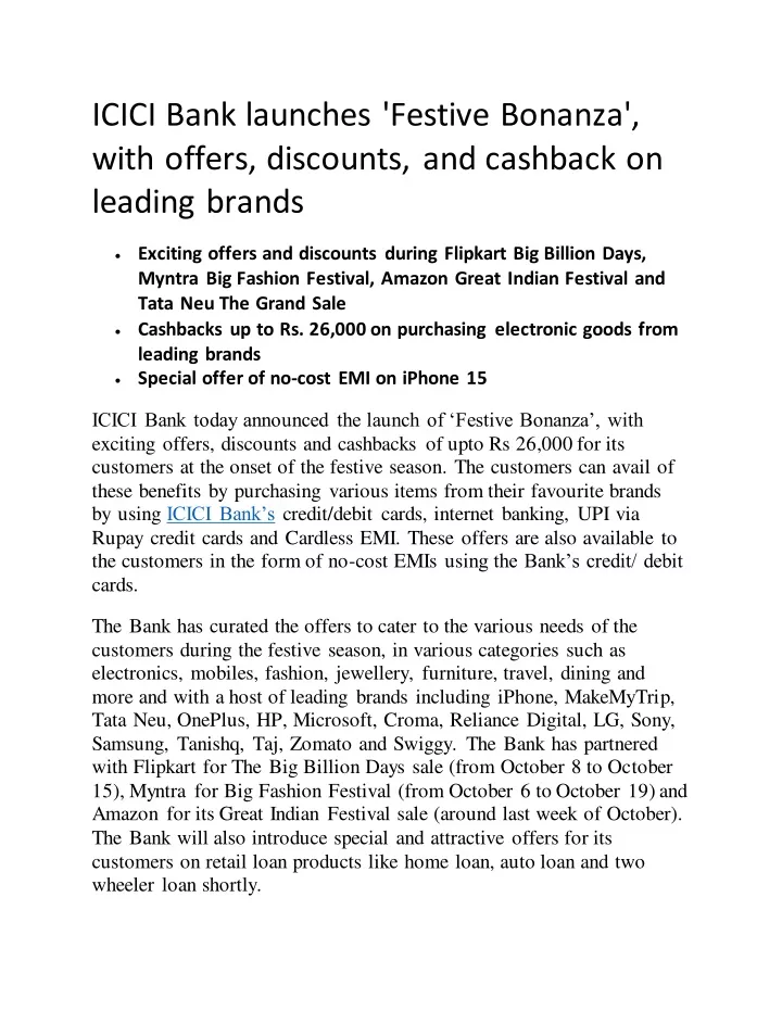 icici bank launches festive bonanza with offers