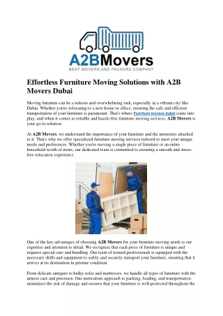 Effortless Furniture Moving Solutions with A2B Movers Dubai