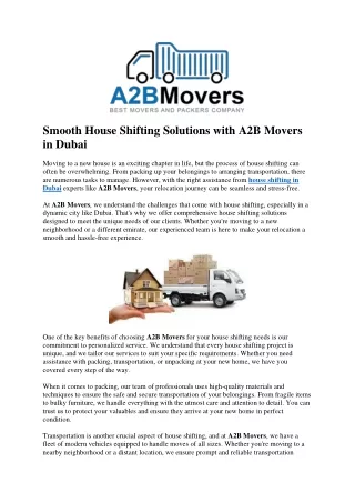 Smooth House Shifting Solutions with A2B Movers in Dubai