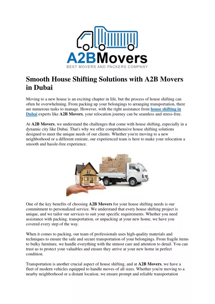 smooth house shifting solutions with a2b movers