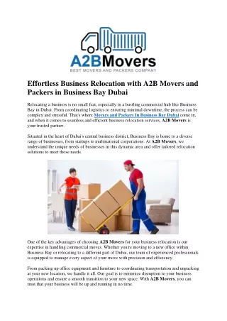 Effortless Business Relocation with A2B Movers and Packers in Business Bay Dubai