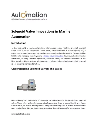 Solenoid Valve Innovations in Marine Automation