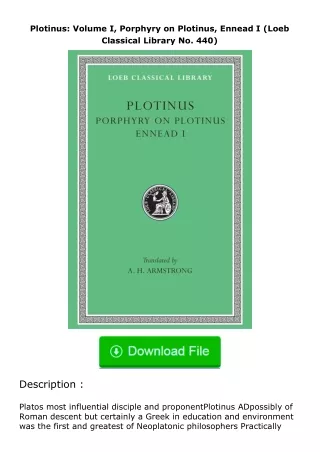 Download⚡PDF❤ Plotinus: Volume I, Porphyry on Plotinus, Ennead I (Loeb Classic