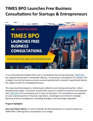 TIMES BPO Launches Free Business Consultations for Startups