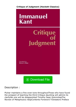 Download⚡PDF❤ Critique of Judgment (Hackett Classics)