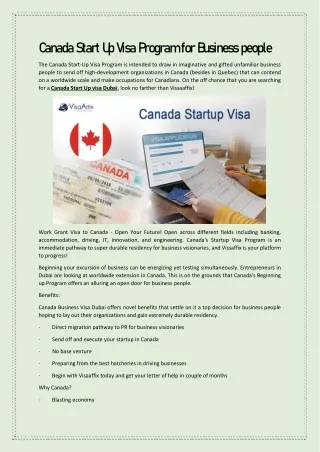 Canada Start Up Visa Program for Business people