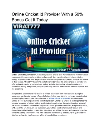 Online Cricket Id Provider With a 50% Bonus Get It Today