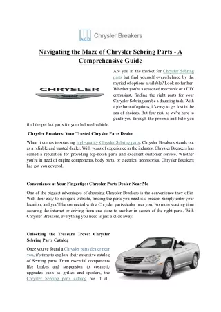 Navigating the Maze of Chrysler Sebring Parts — A Comprehensive Guide