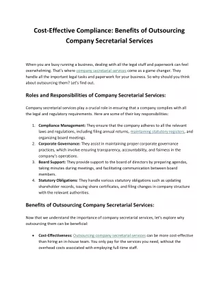 Cost-Effective Compliance: Benefits of Outsourcing Company Secretarial Services