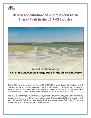 Recent Contributions of Cummins and Clean Energy Fuels in the US RNG Industry
