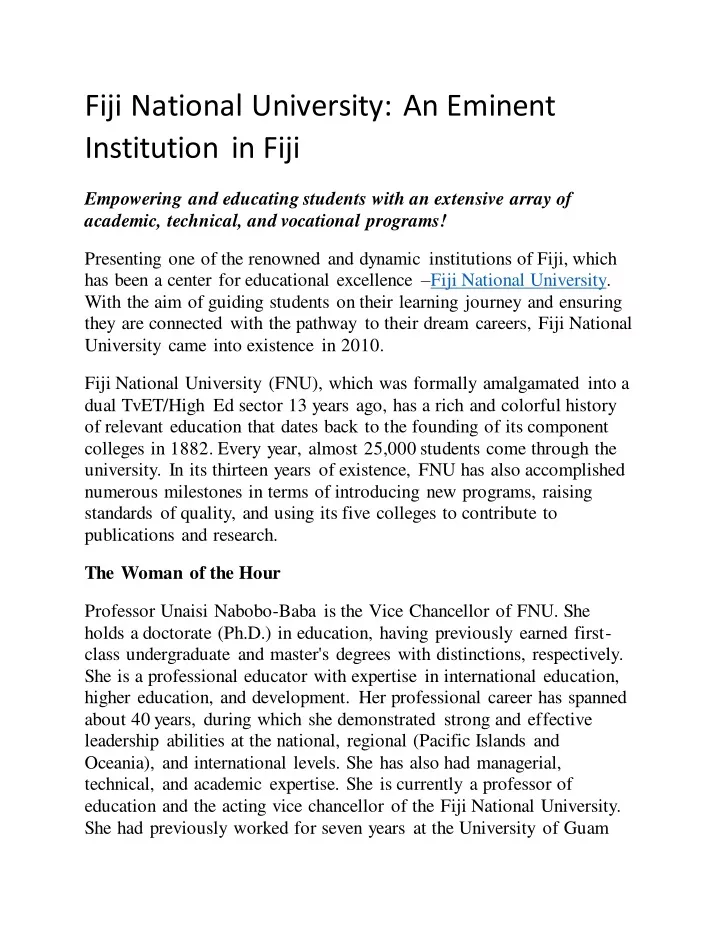 fiji national university an eminent institution