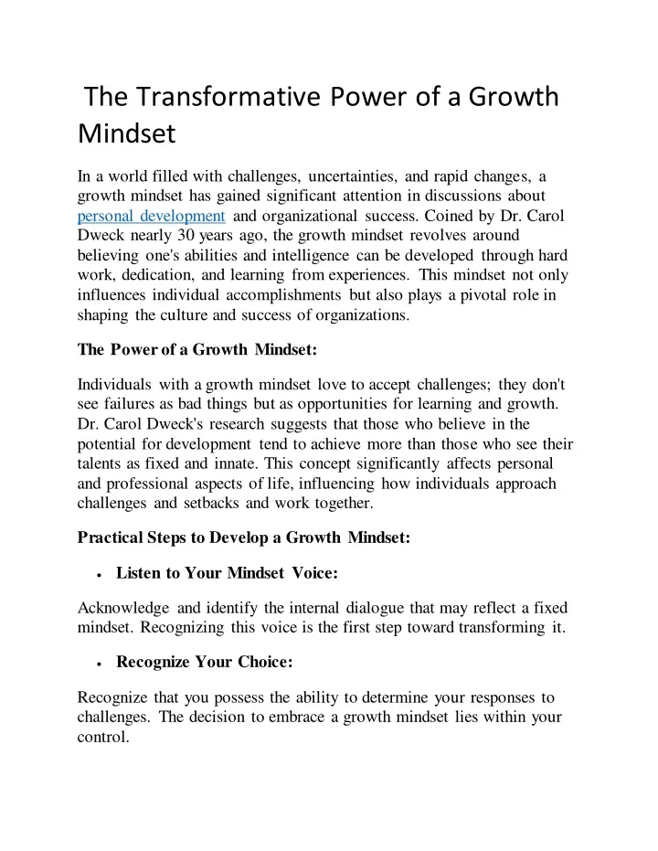 the transformative power of a growth mindset