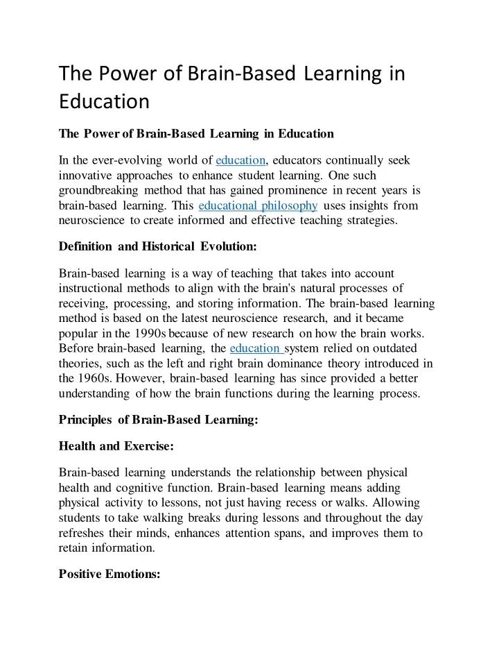 the power of brain based learning in education