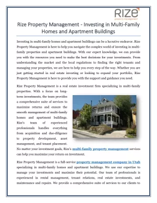 Rize Property Management - Investing in Multi-Family Homes and Apartment Buildings