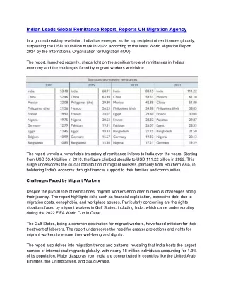 India Leads Global Remittance Inflows, Reveals UN Migration Agency Report