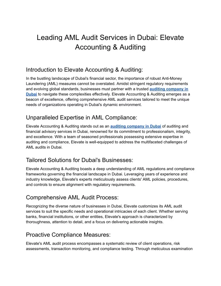 leading aml audit services in dubai elevate