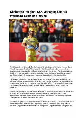 Kheloexch Insights_ CSK Managing Dhoni's Workload, Explains Fleming