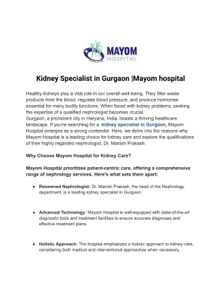 Kidney Specialist in Gurgaon-Mayom hospital