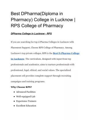 Best DPharma College in Lucknow - RPS