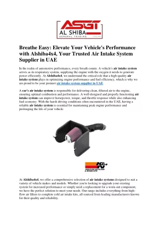 Breathe Easy Elevate Your Vehicle's Performance with Alshiba4x4, Your Trusted Air Intake System Supplier in UAE