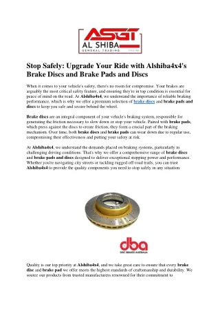 Stop Safely Upgrade Your Ride with Alshiba4x4's Brake Discs and Brake Pads and Discs