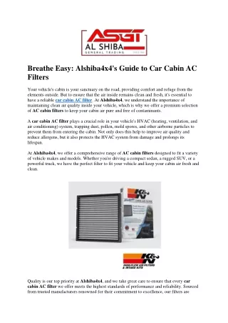 Breathe Easy Alshiba4x4's Guide to Car Cabin AC Filters