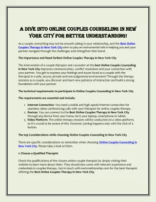A Dive Into Online Couples Counseling In New York City For Better Understanding!