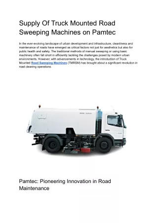 Supply Of Truck Mounted Road Sweeping Machines on Pamtec
