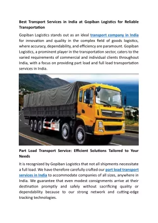 Best Transport Services in India at Gopiban Logistics for Reliable Transportation