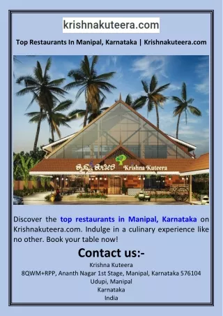 Top Restaurants In Manipal, Karnataka  Krishnakuteera.com