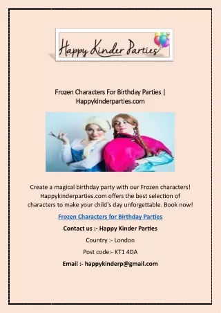 Frozen Characters For Birthday Parties | Happykinderparties.com