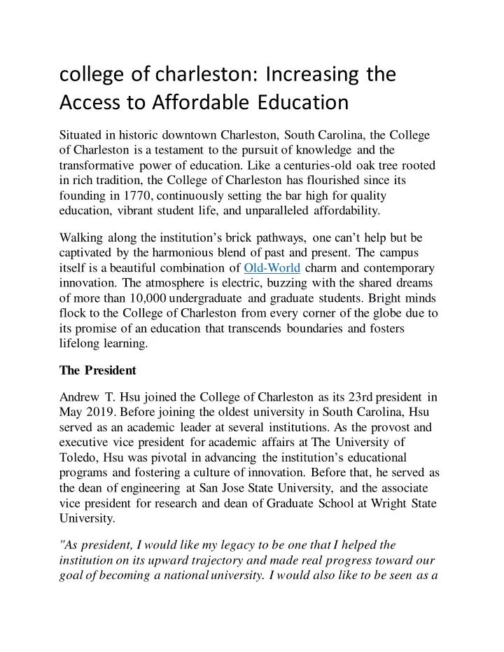 college of charleston increasing the access