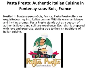 Pasta Presto  Une expérience authentique de la cuisine italienne à Fontenay-sous-Bois, France