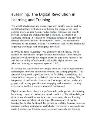 eLearning: The Digital Revolution in Learning and Training