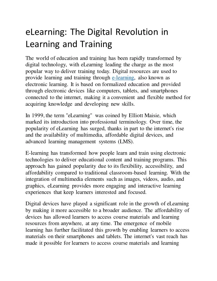 elearning the digital revolution in learning