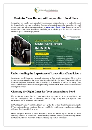Maximize Your Harvest with Aquaculture Pond Liner