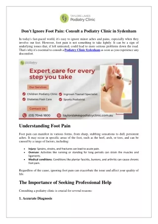Don't Ignore Foot Pain- Consult a Podiatry Clinic in Sydenham