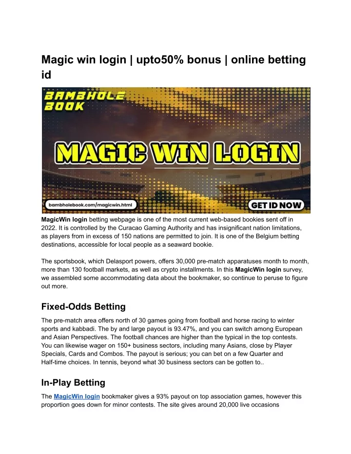 magic win login upto50 bonus online betting id