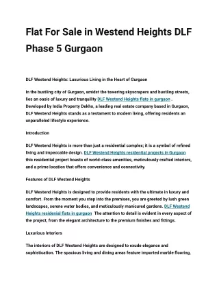 Flat For Sale in Westend Heights DLF Phase 5 Gurgaon