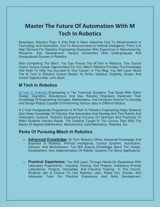 Master The Future Of Automation With M Tech In Robotics